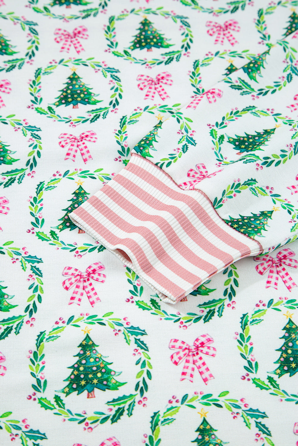 Green Bow Christmas Tree Print Contrast Striped Banding 2pcs Lounge Set