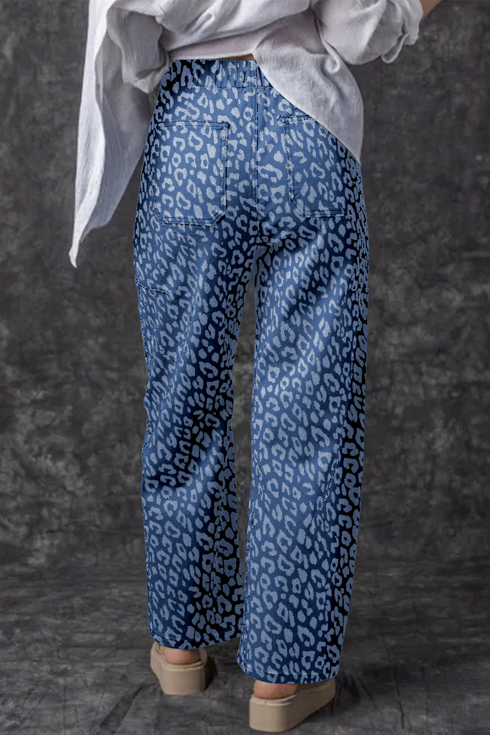 Blue Leopard Printed Drawstring Waist Pocketed Wide Leg Jeans