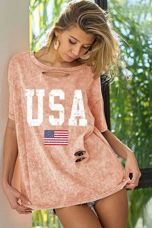 BiBi Washed American Flag Graphic Distressed T-Shirt - Aaria Tees