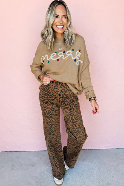 Smoke Gray Merry Colorful Dot Detail Christmas Dolman Sweater