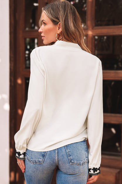 Beige Floral Embroidered Stand Neck Buttoned Shirt - Aaria Tees