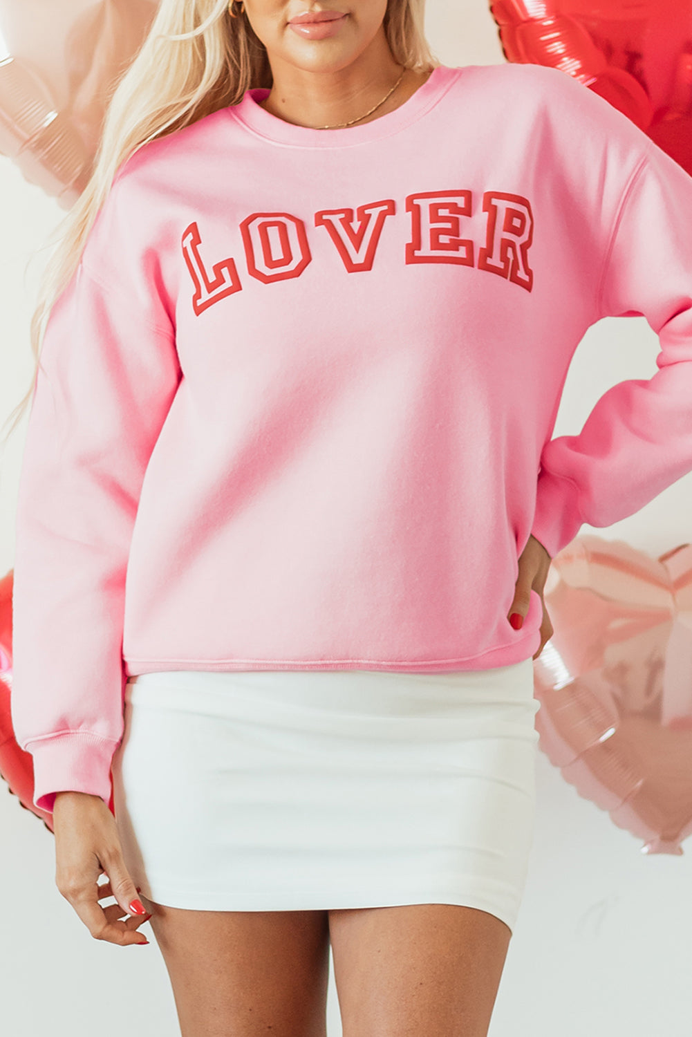 Pink LOVER Puff Print Drop Shoulder Pullover Sweatshirt - Aaria Tees