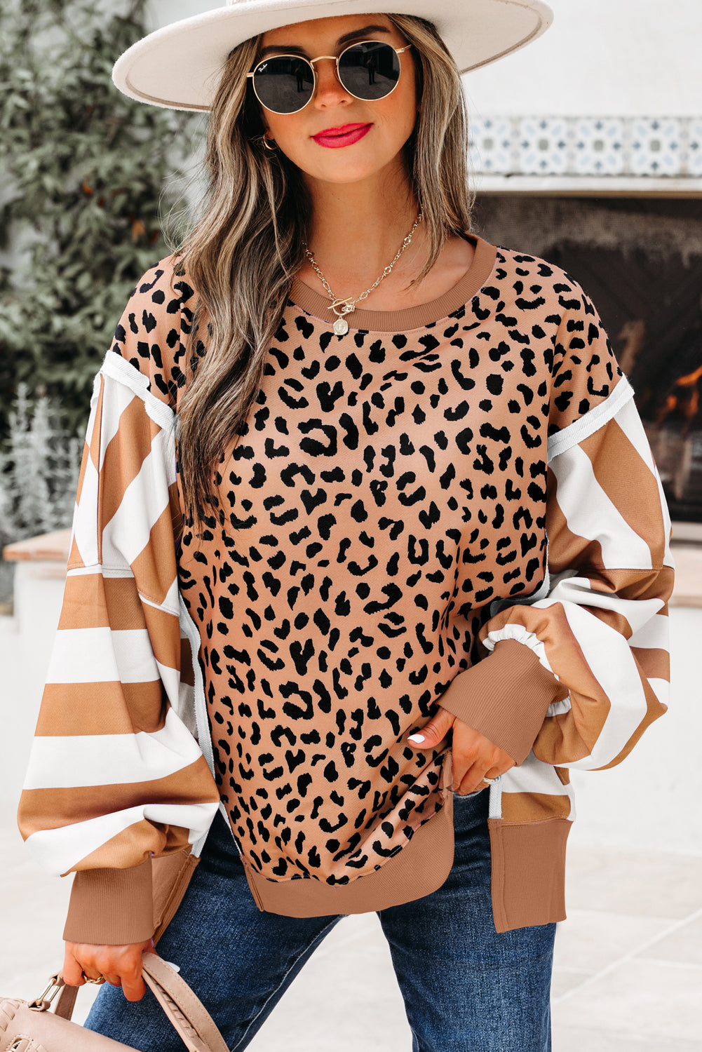 Leopard Stripe Colorblock Patchwork Sweatshirt