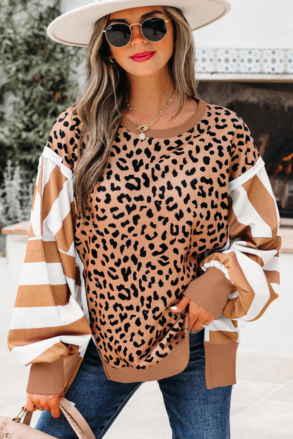 Leopard Stripe Colorblock Patchwork Sweatshirt