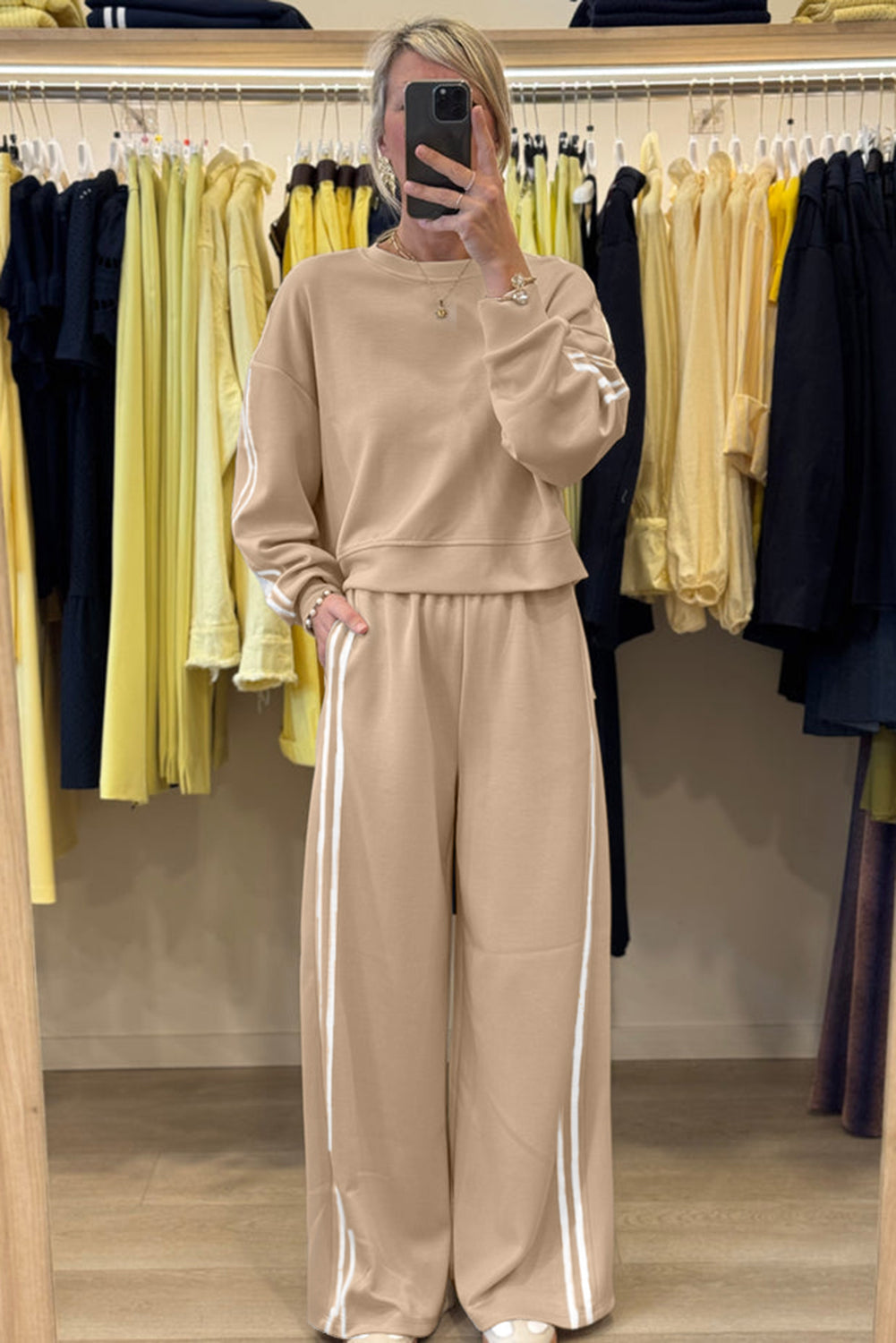 Oatmeal Varsity Striped Detail Cropped Pullover Wide Leg Pants 2pcs Outfit