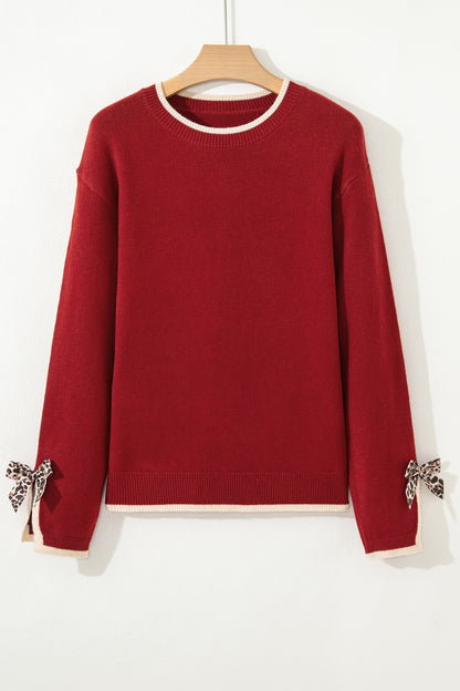 Racing Red Leopard Bow Decor Split Cuff Contrast Trim Sweater