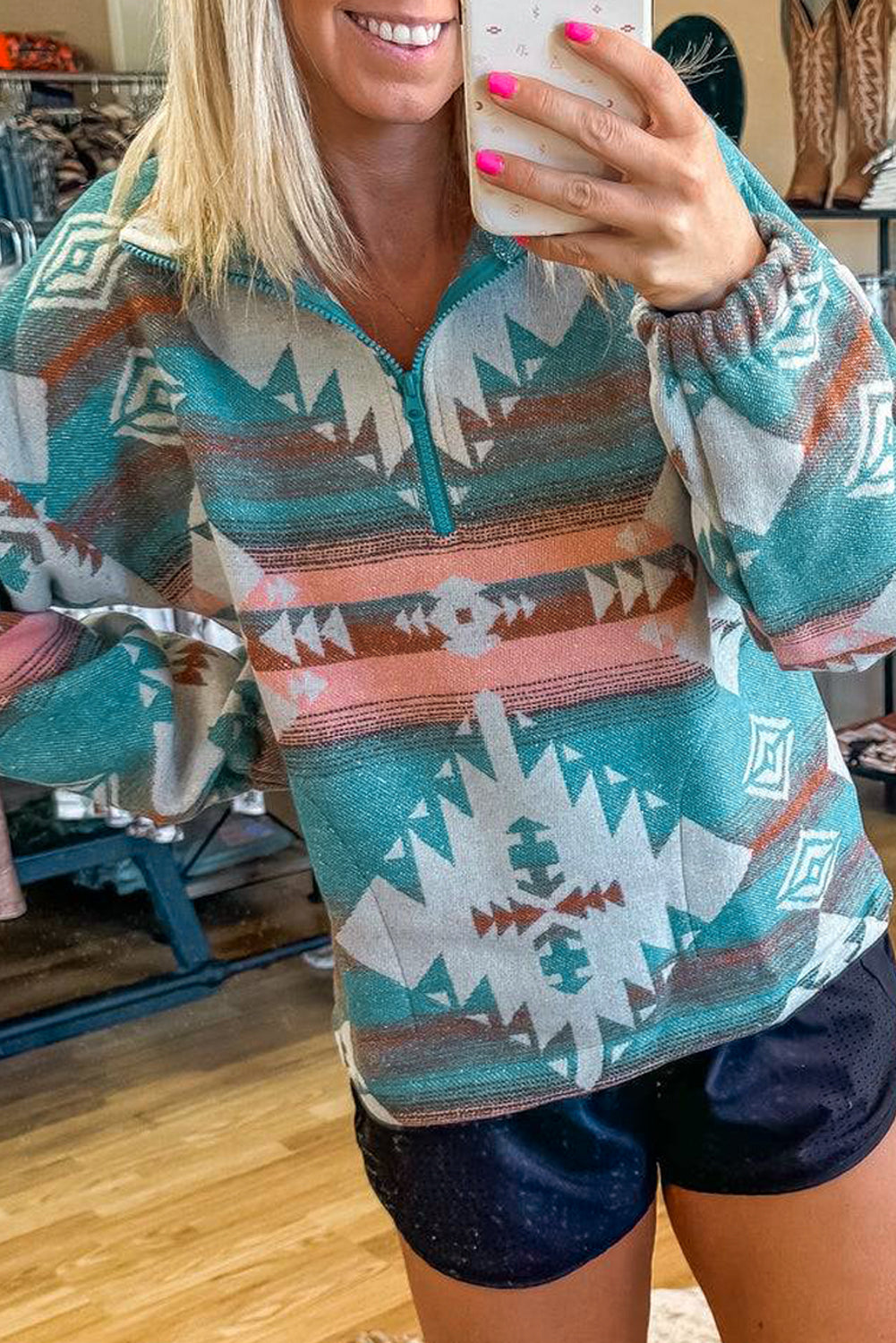 Green Quarter Zip Elastic Cuffs Aztec Sweatshirt