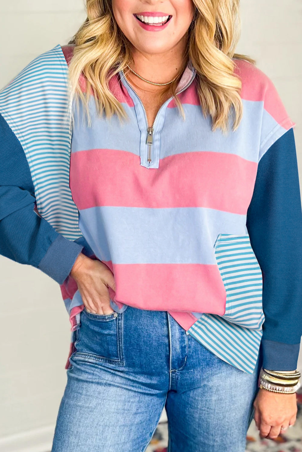 Blue Stripe Colorblock Patchwork Zip up Plus Size Pullover
