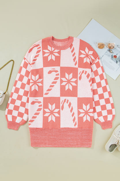 Pink Candycane Snowflake Checker Christmas Holiday Drop Shoulder Tunic Loose Sweater