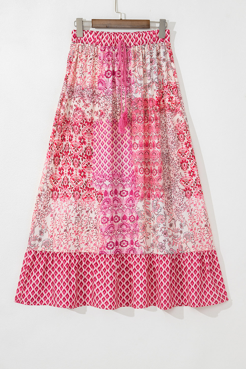 Red Boho Pattern Print Tassel Drawstring High Waist Maxi Dress Aaria Tees
