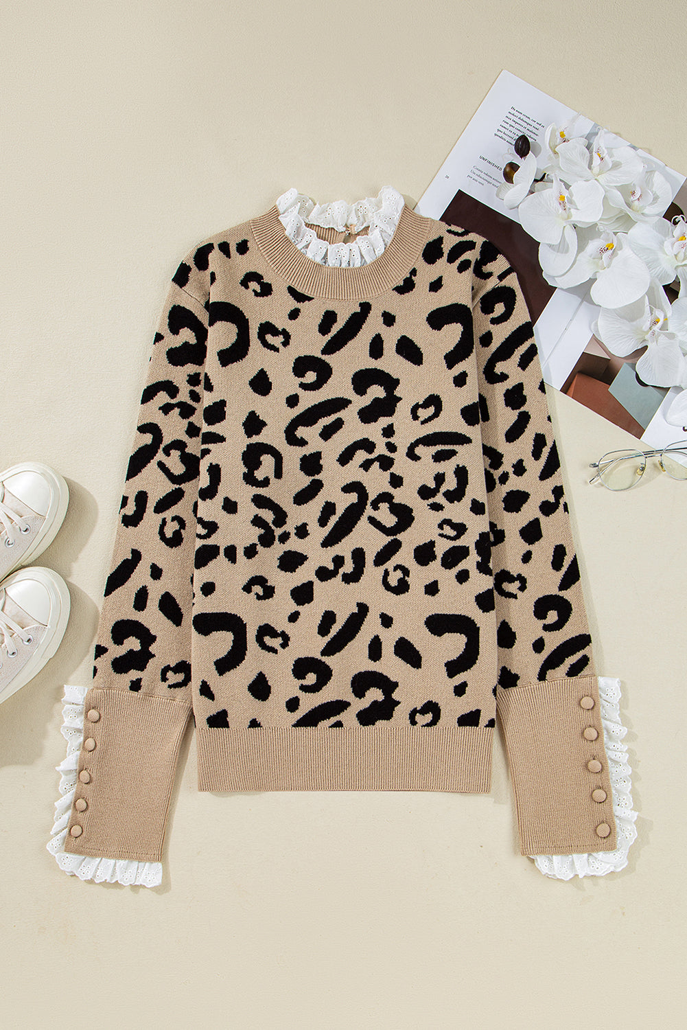 Leopard Lace Ribbed Trim Buttoned Cuff Sweater