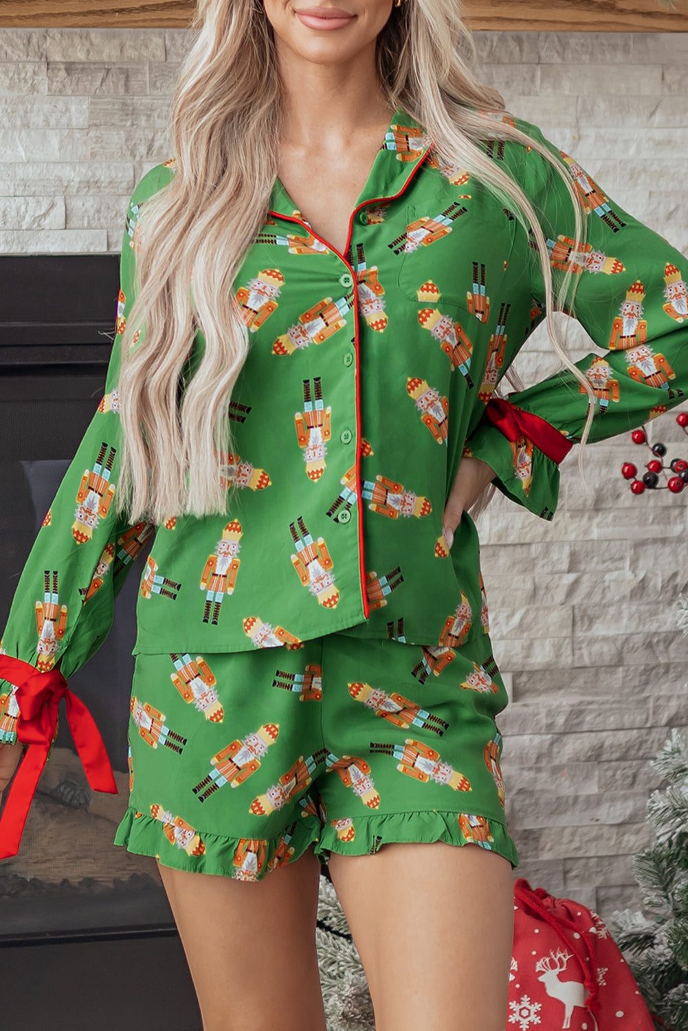 Christmas Bow Top and Ruffle Shorts Pajama Set