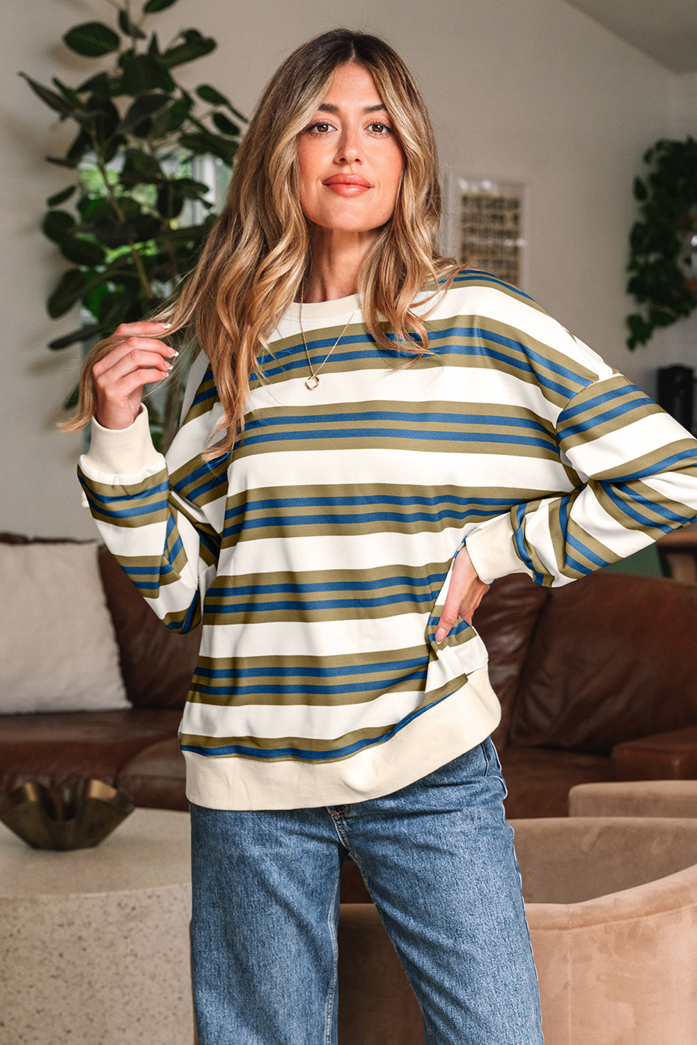 Brown Stripe Crew Neck Drop Shoulder Pullover Sweatshirt