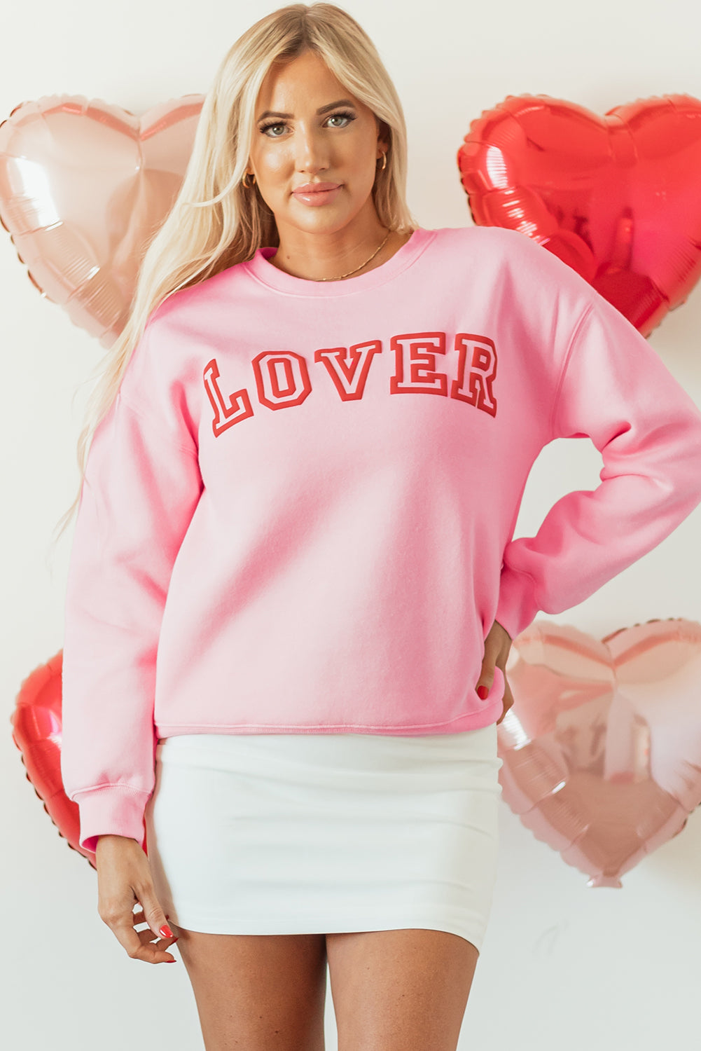 Pink LOVER Puff Print Drop Shoulder Pullover Sweatshirt - Aaria Tees