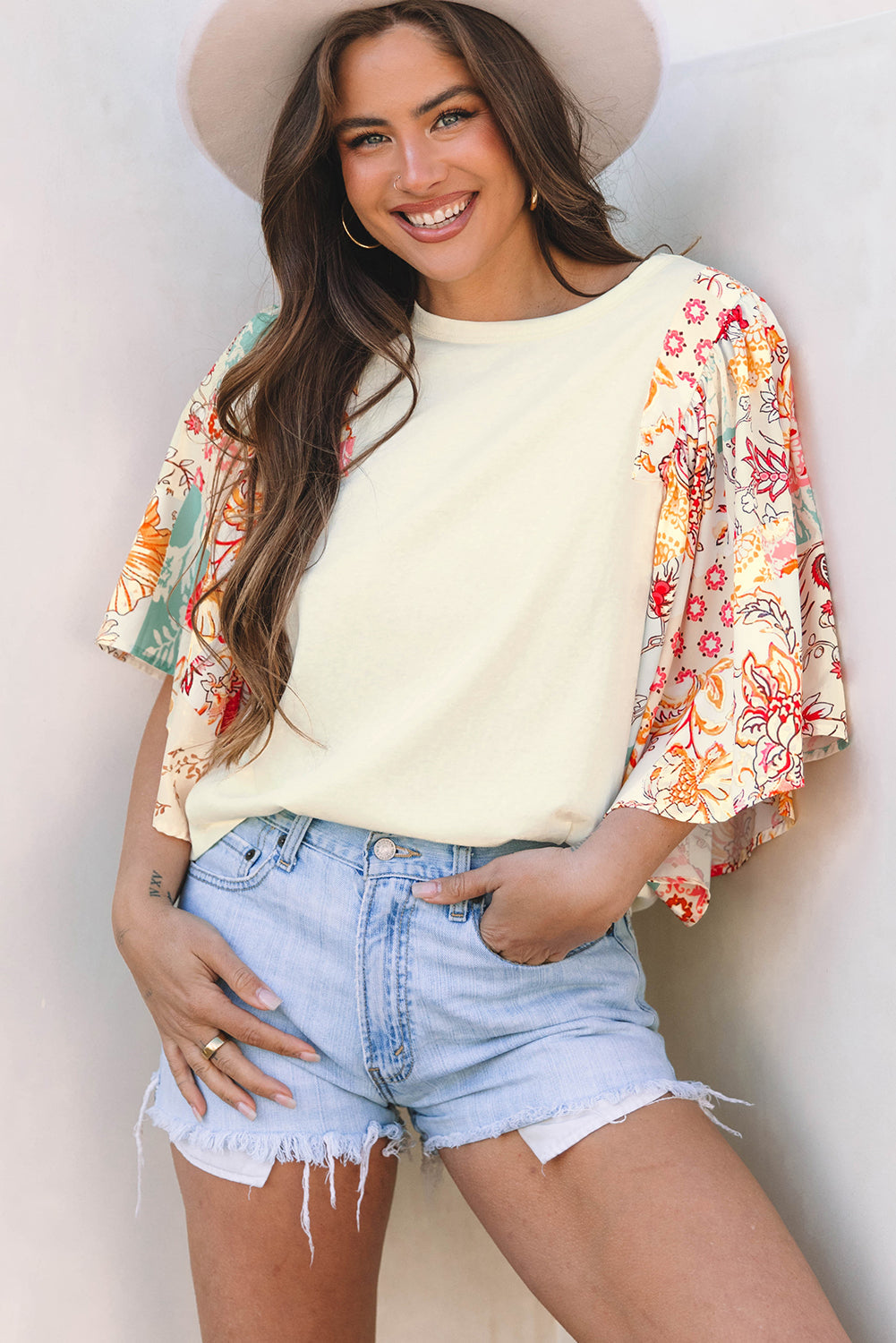 Beige Floral Patchwork Half Batwing Sleeve Blouse Aaria Tees