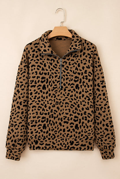 Leopard Quarter-Zip Drop Shoulder Sweatshirt