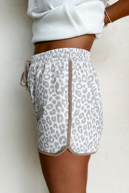 White Leopard Elastic Waist Lace up Contrast Trim Casual Shorts Aaria Tees