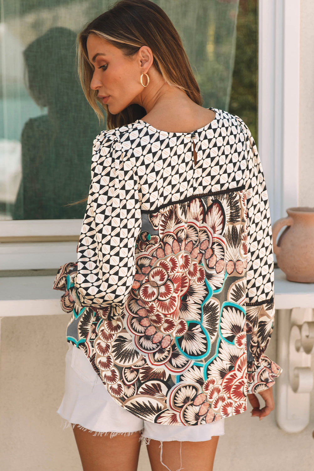 Black Mixed Floral Geometric Print Ruffled Long Sleeve Blouse Aaria Tees