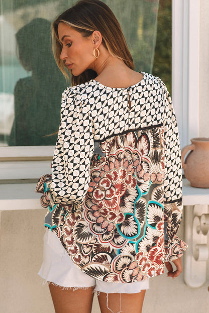 Black Mixed Floral Geometric Print Ruffled Long Sleeve Blouse Aaria Tees