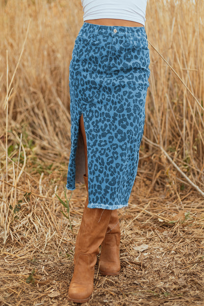 Sky Blue Leopard Denim Frayed Split Denim Midi Skirt