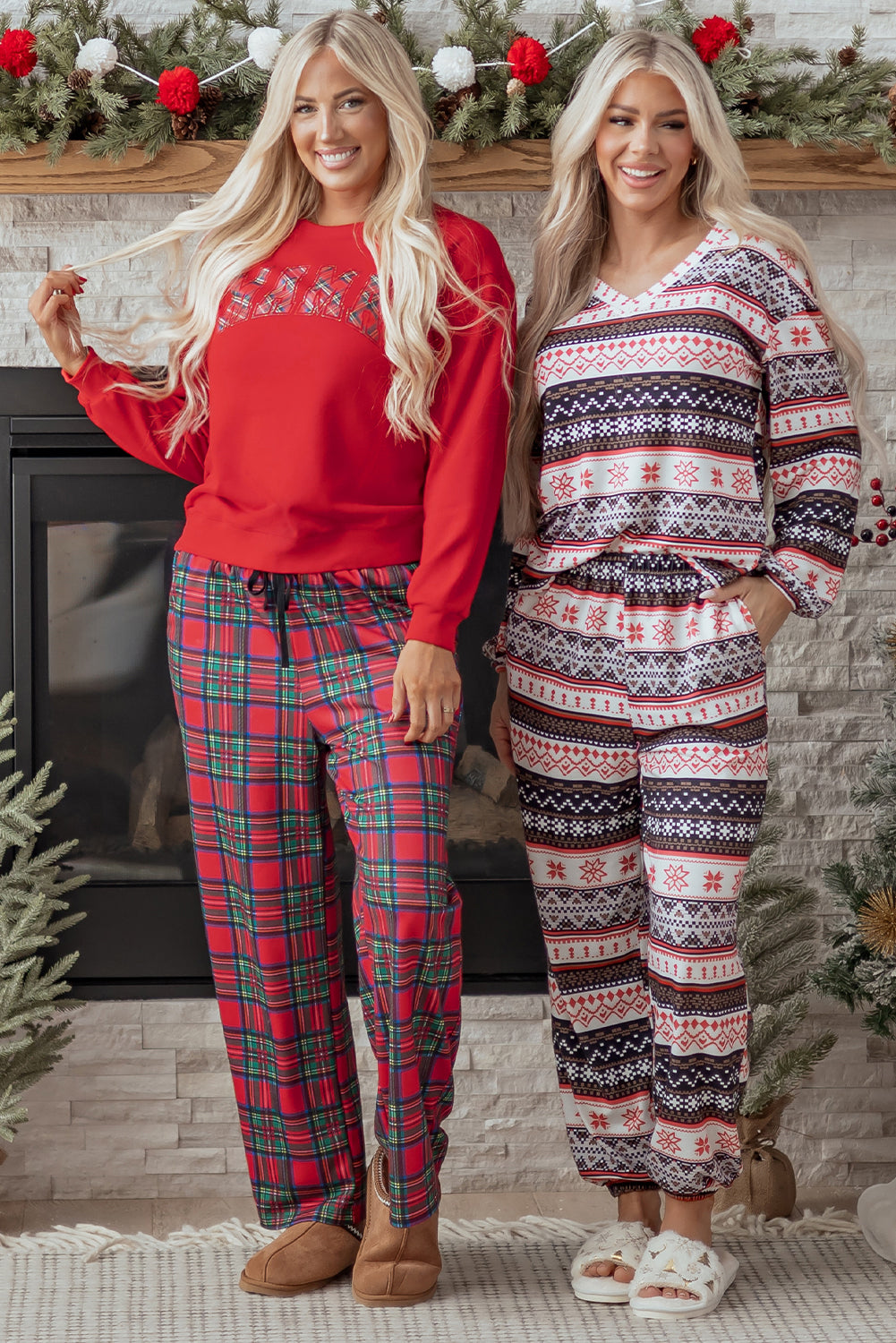Red Plaid Mama Graphic Christmas Holiday Crewneck Pullover and Pants Two Piece Lounge Set