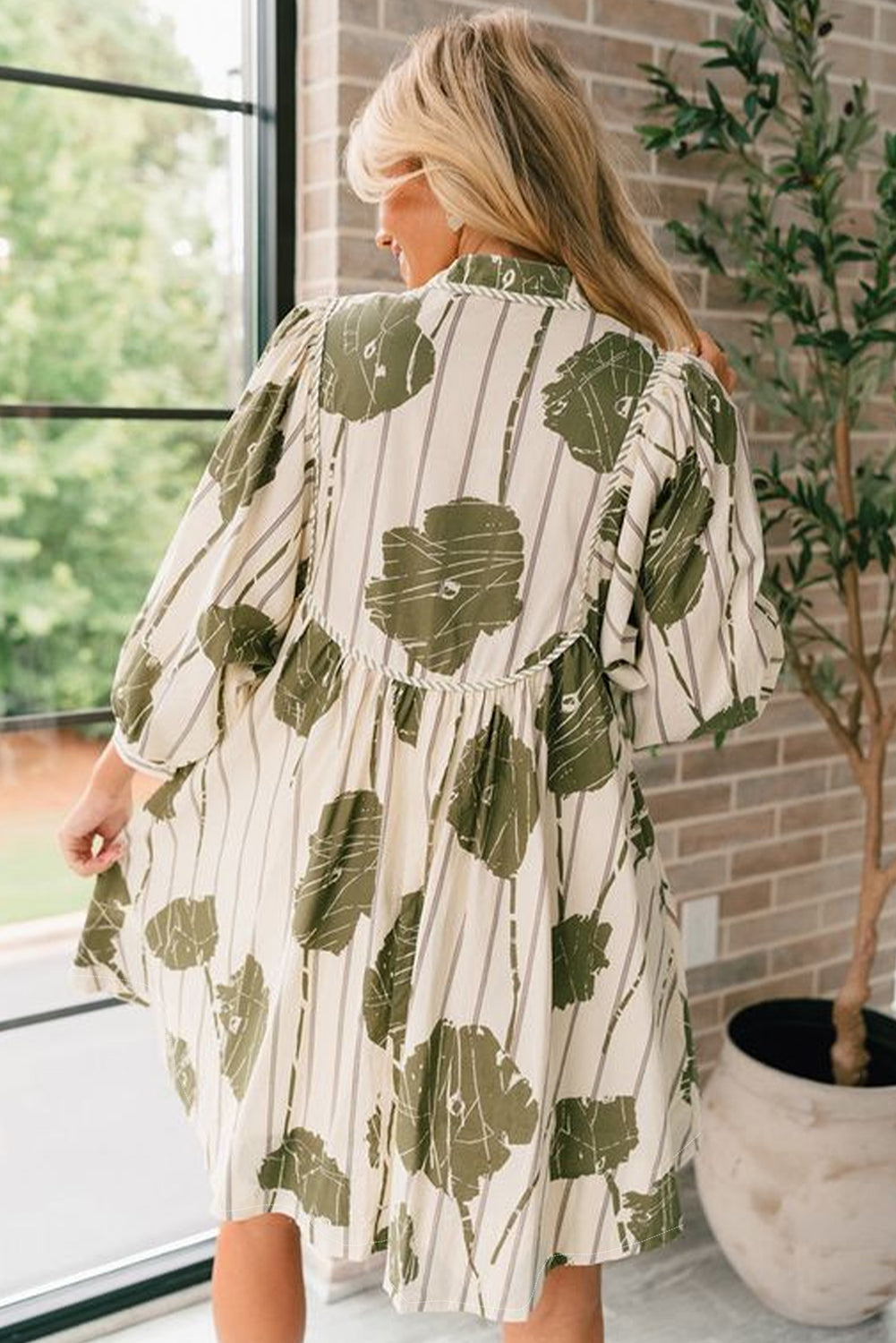 Guacamole Green Floral Striped Print Contrast Piping Puff Sleeve Dress Aaria Tees Aaria Tees