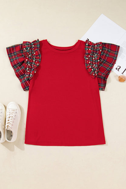 Plus Size Christmas Plaid Pearl Ruffle Sleeve Holiday T-shirt