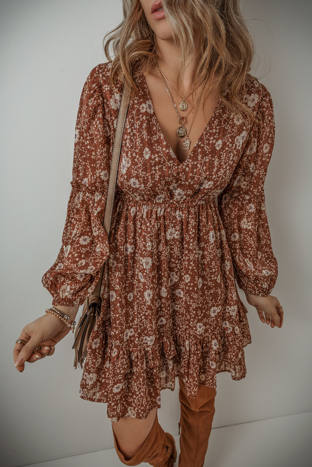 Ashley Boho Floral Puff Sleeve Mini Dress - Aaria Tees