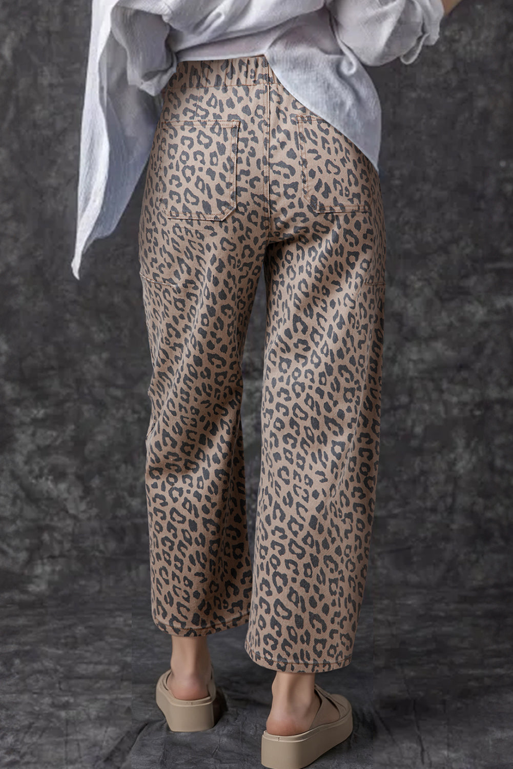 Leopard Drawstring Elastic Waist Pocketed Jeans