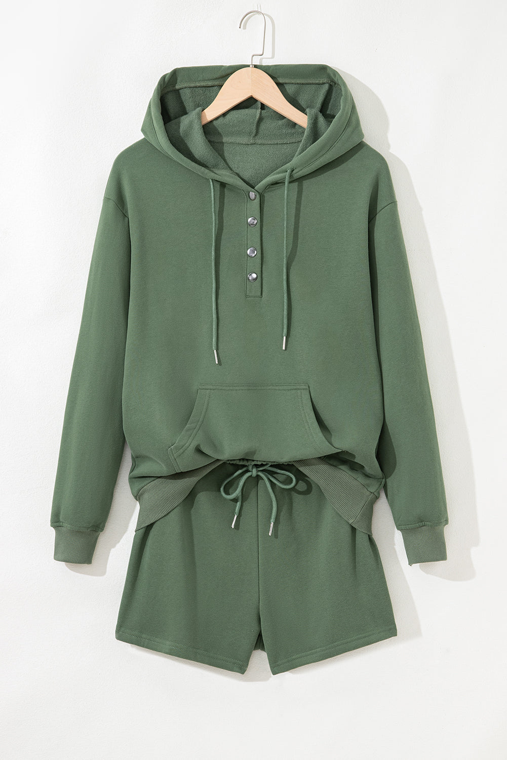 Mist Green Button Drawstring Hooded Pullover and Casual Short Set