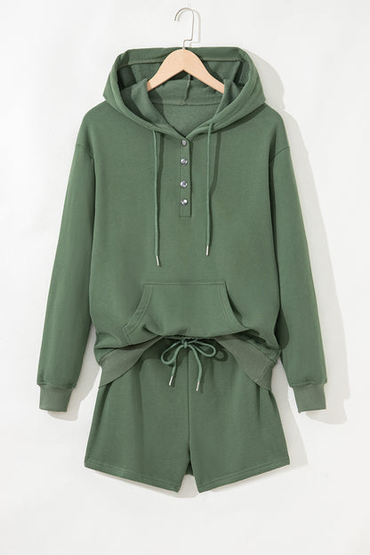Mist Green Button Drawstring Hooded Pullover and Casual Short Set