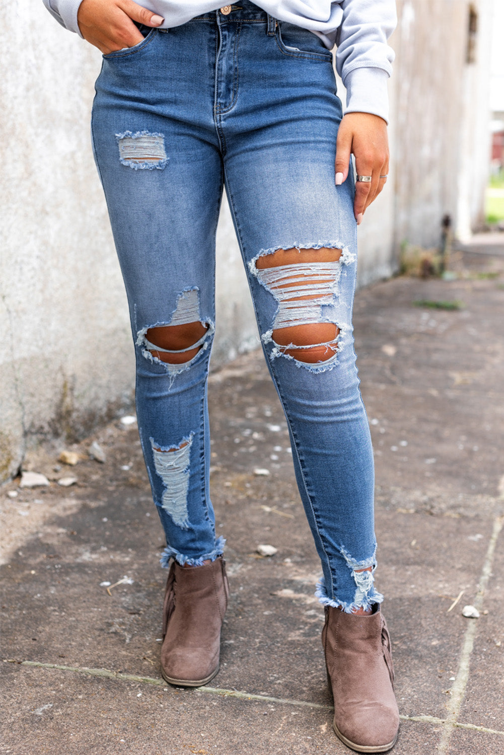 Sky Blue High Waist Distressed Skinny Jeans - Aaria Tees Aaria Tees