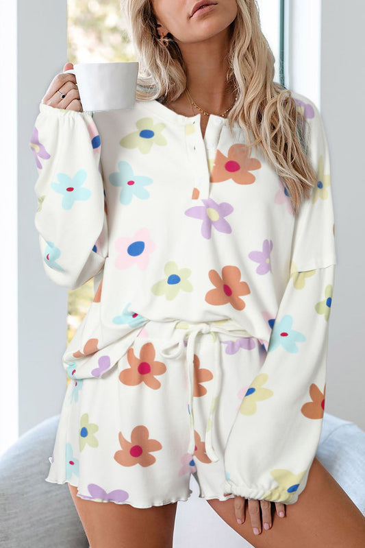 White Floral Long Sleeve Henley Top and Drawstring Shorts Set Aaria Tees