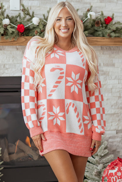 Pink Candycane Snowflake Checker Christmas Holiday Drop Shoulder Tunic Loose Sweater