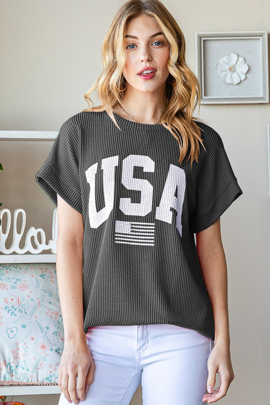 Heimish Full Size USA Graphic Short Sleeve Ribbed Top - Aaria Tees