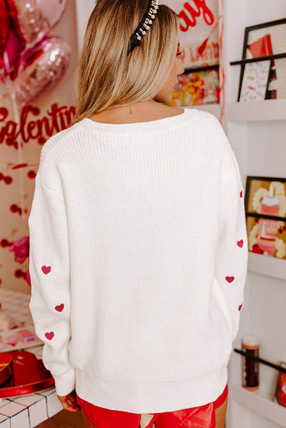 White Heart Shape Drop Shoulder Round Neck Sweater - Aaria Tees