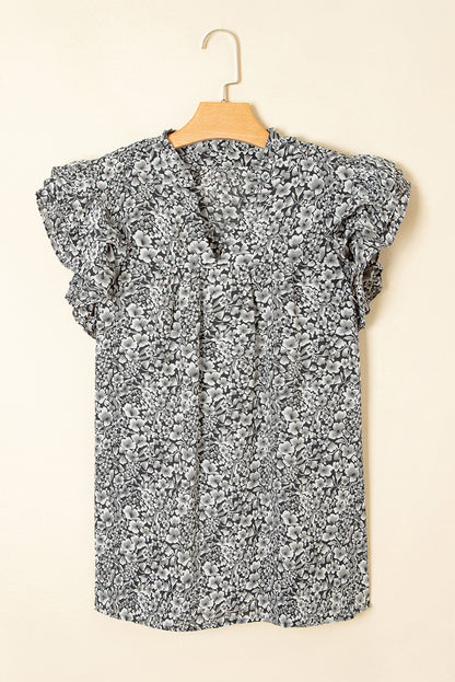 Black Rose Floral Print Ruffle Sleeve Plus Size Shift Top