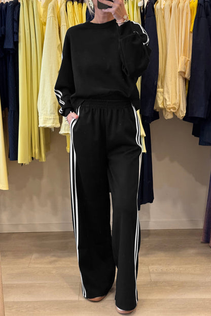 Oatmeal Varsity Striped Detail Cropped Pullover Wide Leg Pants 2pcs Outfit