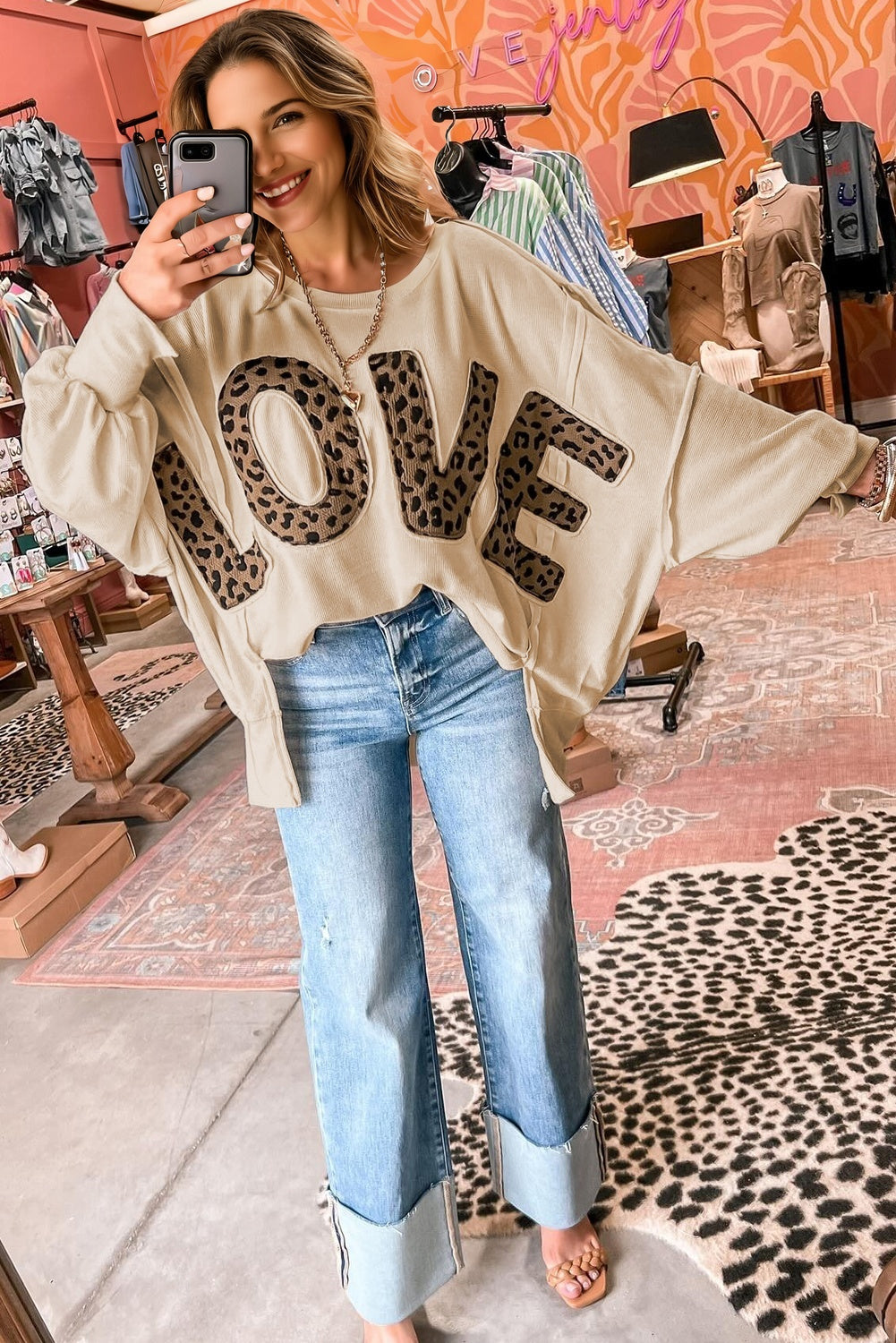 Parchment Oversize Leopard LOVE Patched Graphic Round Neck Casual Sweatshirt