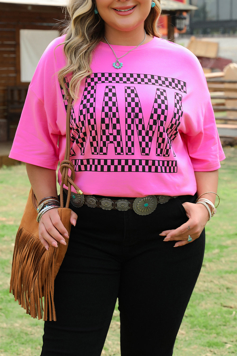 Bright Pink Checker MAMA Letter Printed Graphic Plus Size T Shirt - Aaria Tees
