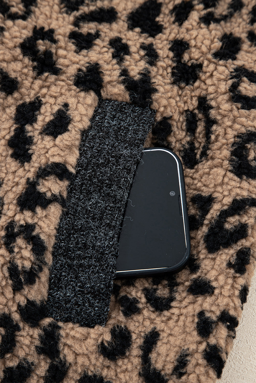 Leopard Zip-Up Stand Neck Side Pocket Jacket