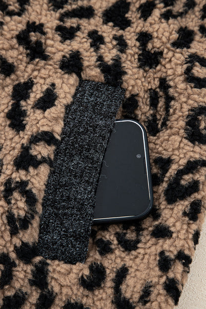Leopard Zip-Up Stand Neck Side Pocket Jacket