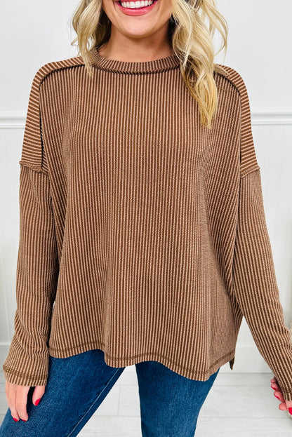 Dark Khaki Twist Ribbed Exposed Seam Detail Long Sleeve Loose Top