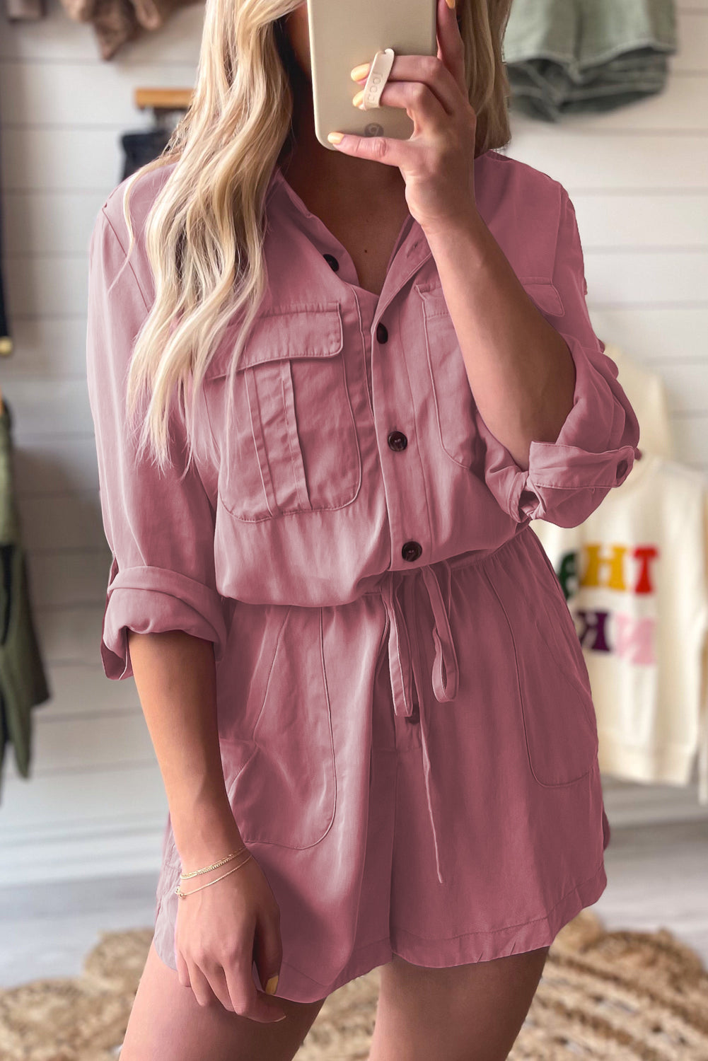 Reese Roll up Sleeve Flap Pockets Drawstring Romper Threaded Pear