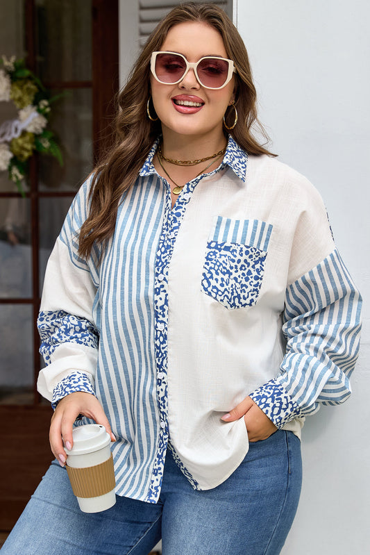 Plus Size Leopard Stripe Patchwork Button-Up Shirt