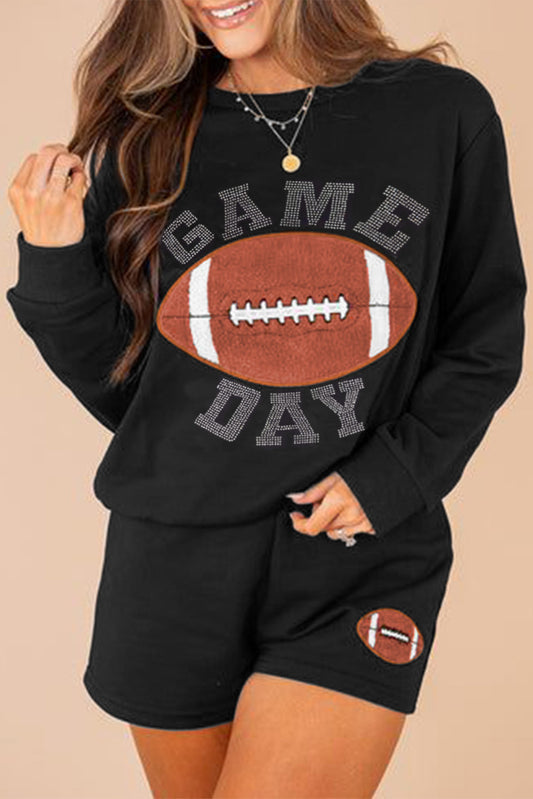 Black GAME DAY Rugby Football Graphic Pullover and Shorts Casual Outfit - Aaria Tees