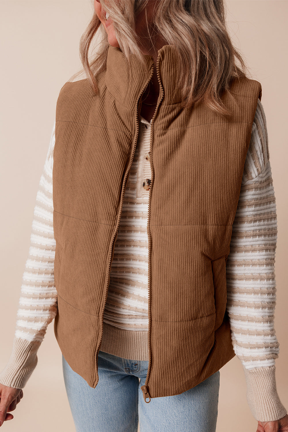 Natalia Corduroy Zipped Puffer Vest - Aaria Tees