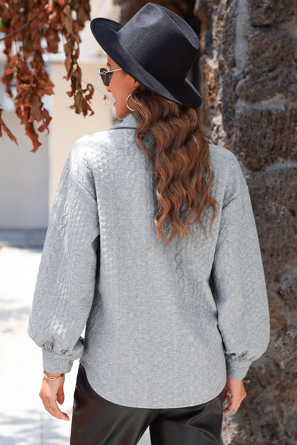 Light Grey Cable Texture Puff Sleeve Loose Shacket
