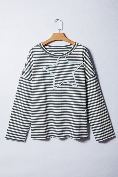 Plus Size Stripe Star Stitch Long Sleeve Top