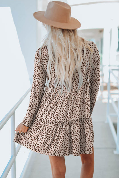Leopard Animal Print Tiered Long Sleeve Dress Aaria Tees